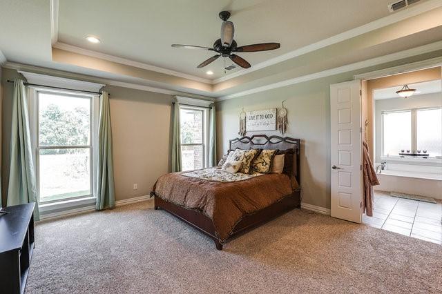 bedroom featuring connected bathroom, light colored carpet, ceiling fan, a raised ceiling, and crown molding