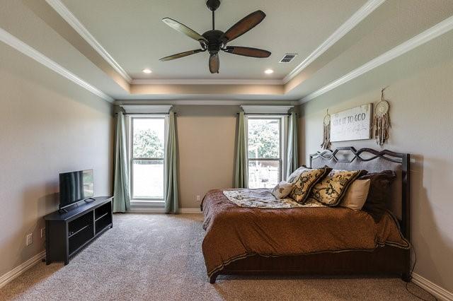 bedroom featuring multiple windows, crown molding, light carpet, and a tray ceiling