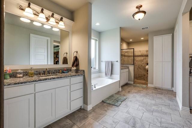 bathroom with vanity and separate shower and tub