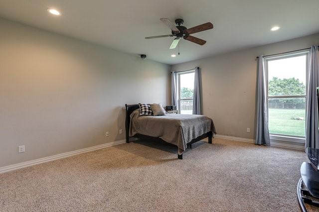 bedroom with light colored carpet and ceiling fan