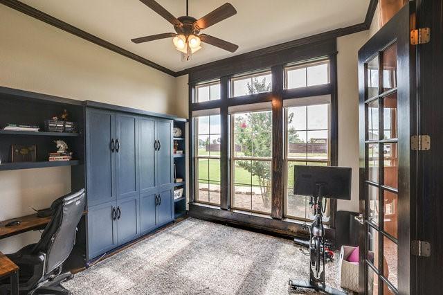 office with ornamental molding and ceiling fan