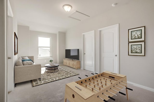 living room with light colored carpet