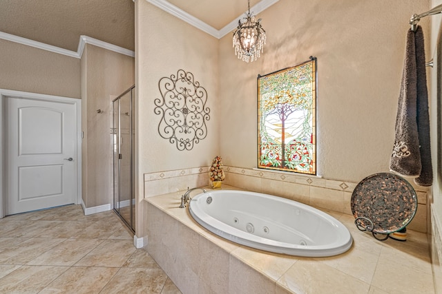 bathroom featuring ornamental molding, a notable chandelier, tile patterned floors, and plus walk in shower