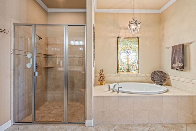 bathroom featuring tile patterned flooring, ornamental molding, separate shower and tub, and an inviting chandelier