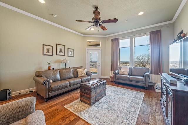 living room featuring dark wood-type flooring, ornamental molding, plenty of natural light, and a textured ceiling