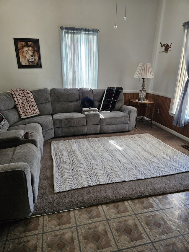 living room with plenty of natural light and wooden walls