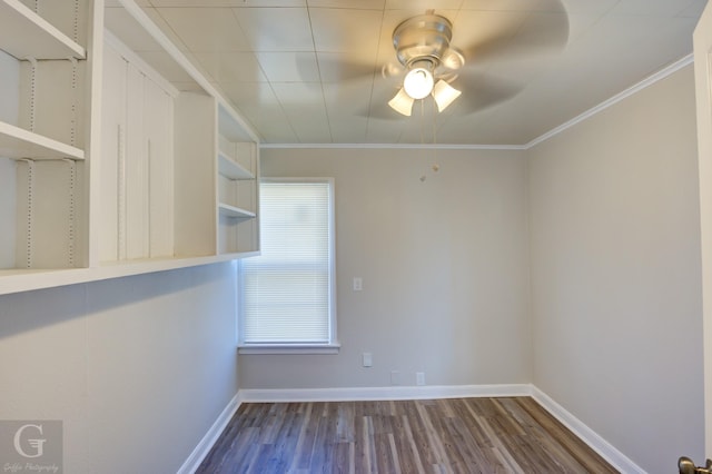 unfurnished room featuring ceiling fan, ornamental molding, and wood-type flooring