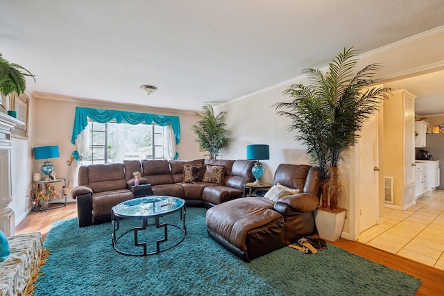 living room featuring ornamental molding and light wood-type flooring