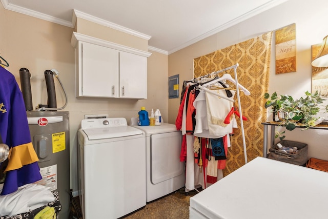 washroom featuring cabinets, ornamental molding, water heater, and washing machine and clothes dryer