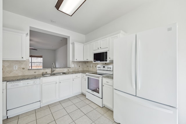 kitchen featuring white cabinetry, white appliances, and sink