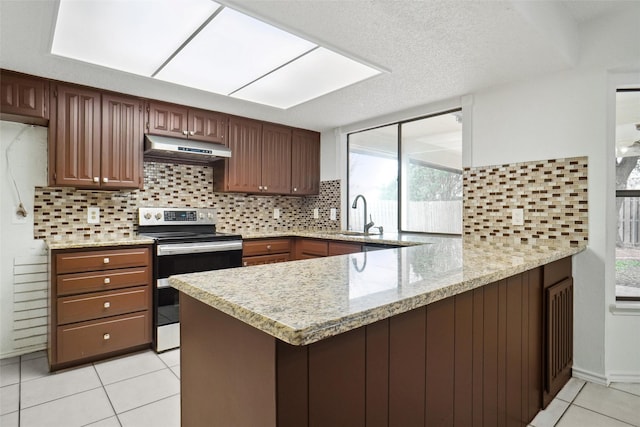 kitchen featuring tasteful backsplash, sink, stainless steel range with electric cooktop, and kitchen peninsula