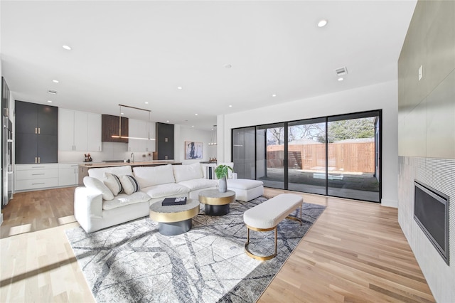 living room with light hardwood / wood-style flooring