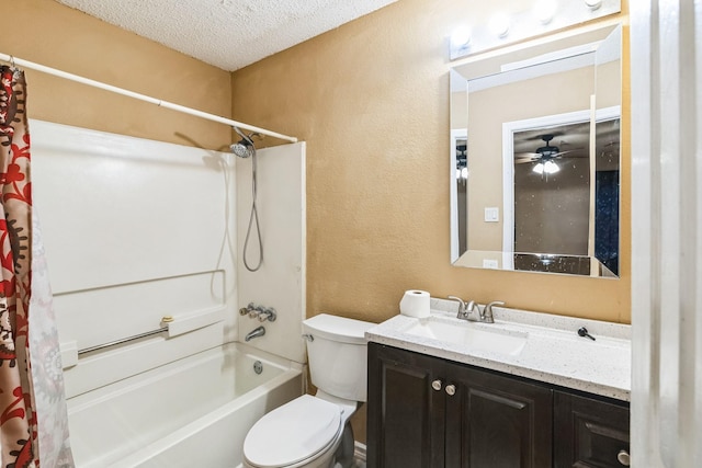 full bathroom with vanity, shower / bathtub combination with curtain, a textured ceiling, and toilet