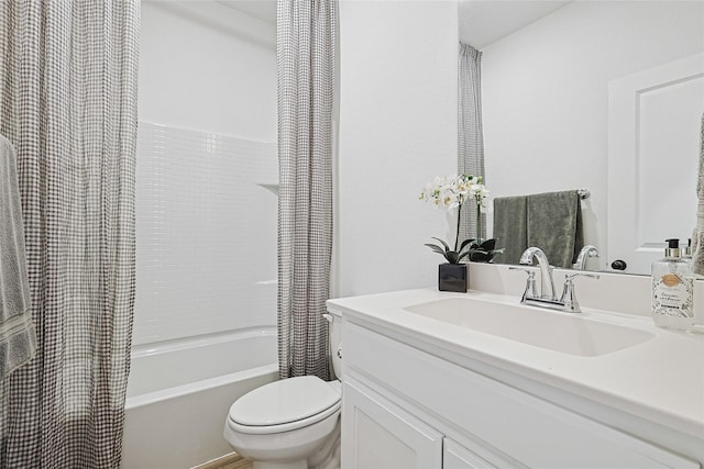 full bathroom featuring vanity, shower / tub combo with curtain, and toilet