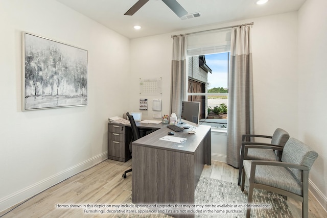 home office featuring ceiling fan and light wood-type flooring