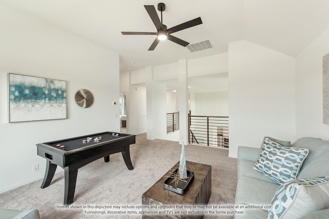 rec room with lofted ceiling, pool table, ceiling fan, and carpet