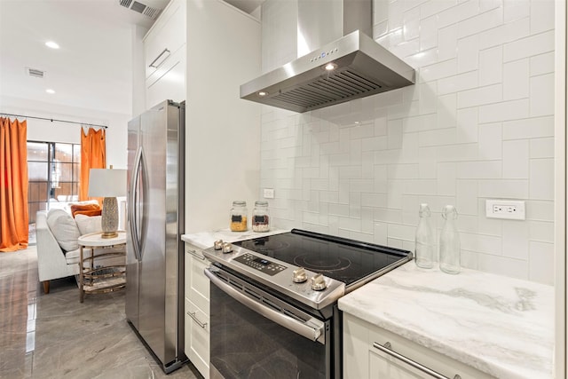 kitchen with island range hood, decorative backsplash, white cabinets, and appliances with stainless steel finishes