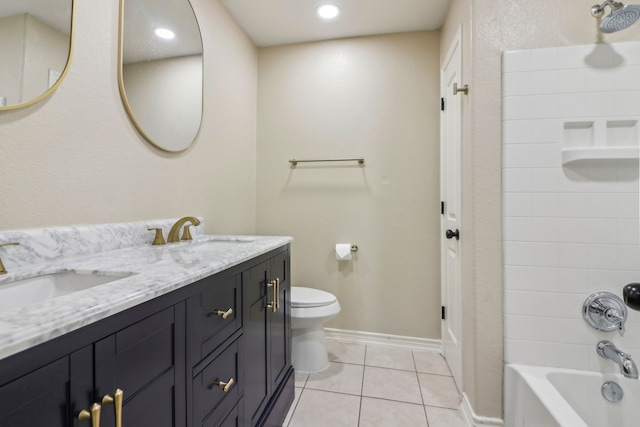 full bathroom with vanity, tile patterned floors, toilet, and bathtub / shower combination