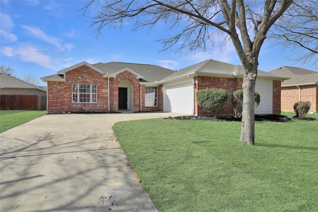 ranch-style house featuring a garage, driveway, fence, a front lawn, and brick siding