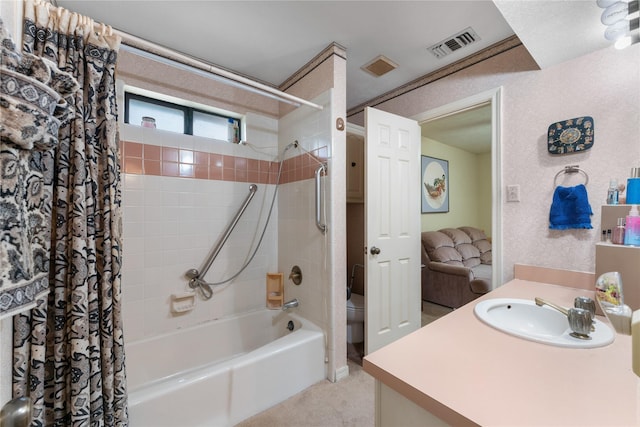 full bathroom featuring vanity, shower / tub combo with curtain, and toilet