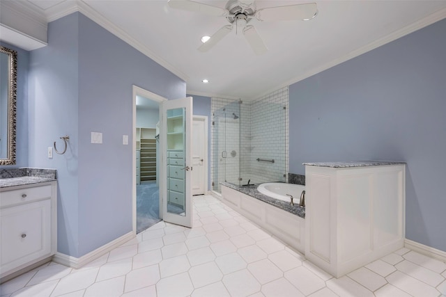 bathroom featuring shower with separate bathtub, ceiling fan, vanity, and crown molding