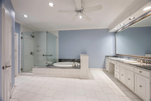 bathroom with shower with separate bathtub, ornamental molding, vanity, ceiling fan, and tile patterned floors