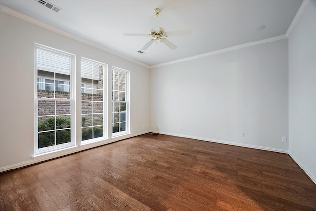 unfurnished room with ceiling fan, ornamental molding, and dark hardwood / wood-style floors