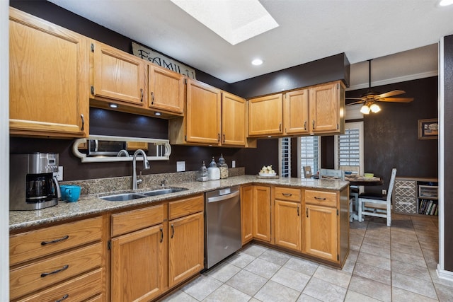 kitchen featuring sink, a skylight, dishwasher, kitchen peninsula, and ceiling fan