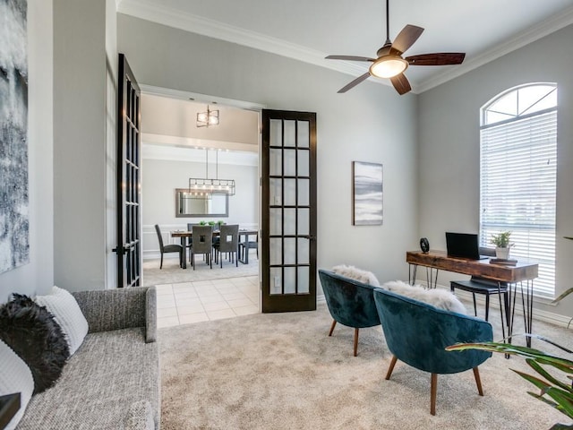 home office with carpet, ornamental molding, tile patterned flooring, and french doors