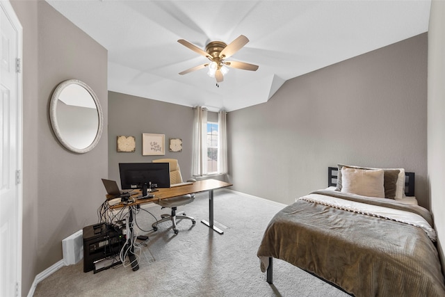 carpeted bedroom with lofted ceiling and ceiling fan