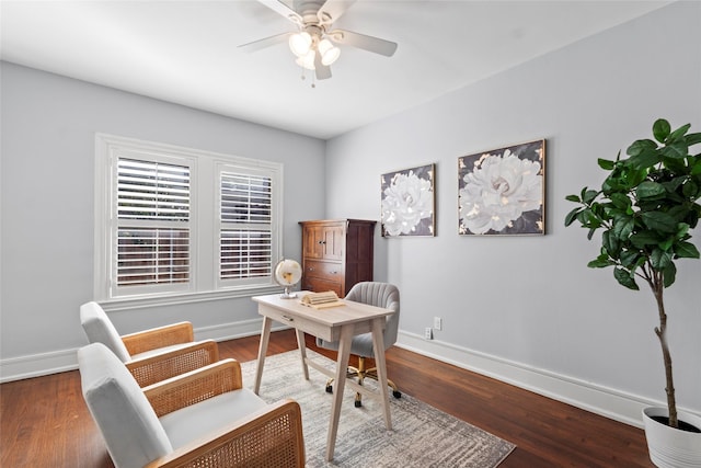 home office featuring ceiling fan and dark hardwood / wood-style flooring