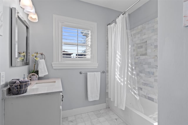 bathroom with vanity and shower / bathtub combination with curtain