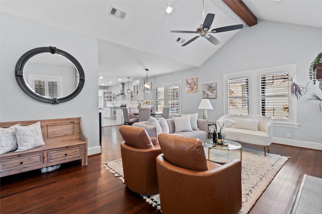 living room with beamed ceiling, ceiling fan, dark hardwood / wood-style flooring, and high vaulted ceiling