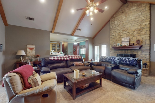 living room with beamed ceiling, high vaulted ceiling, a fireplace, and ceiling fan