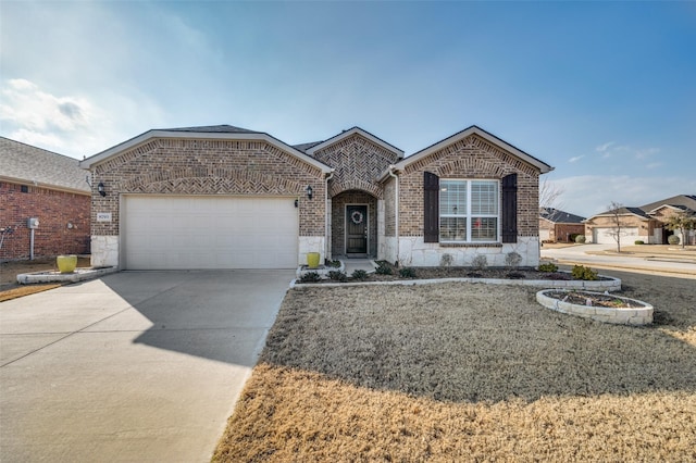 single story home featuring stone siding, concrete driveway, and a garage