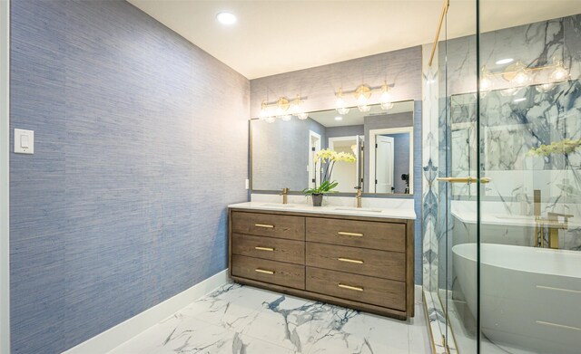 bathroom with vanity and a washtub