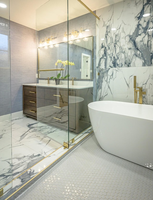 bathroom with vanity, plus walk in shower, and tile walls