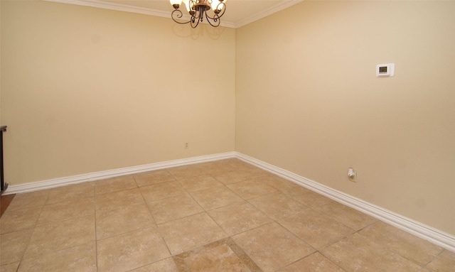 tiled empty room with an inviting chandelier and ornamental molding