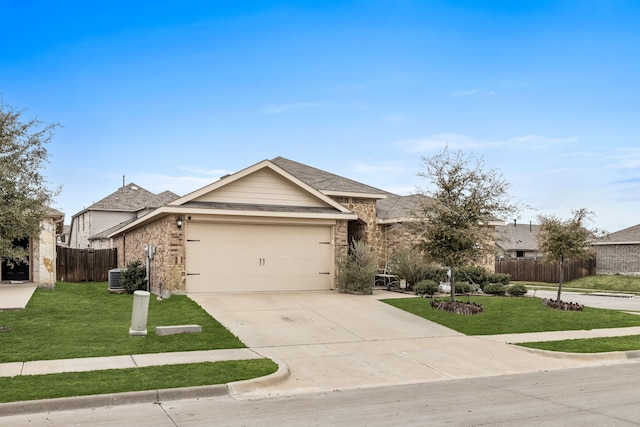 ranch-style house featuring concrete driveway, an attached garage, fence, a front yard, and brick siding