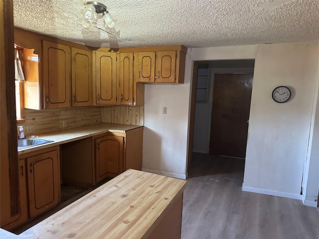 kitchen with sink, dark hardwood / wood-style floors, and a textured ceiling