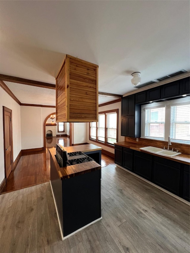 kitchen with crown molding, a kitchen island, sink, and light wood-type flooring