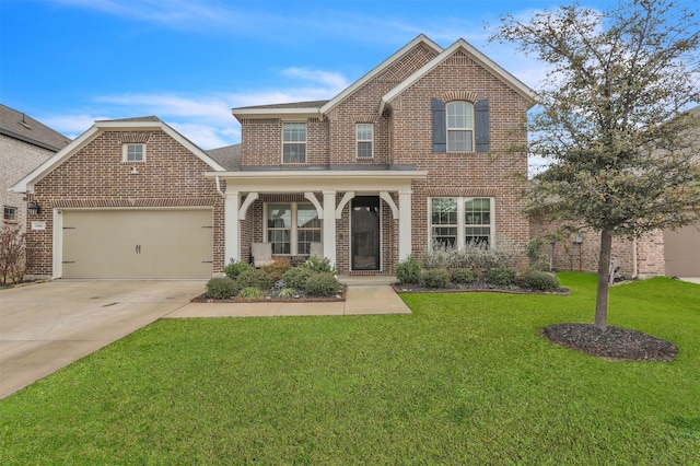 view of front of home with a garage and a front lawn