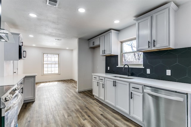 kitchen with white cabinetry, appliances with stainless steel finishes, dark hardwood / wood-style floors, and sink