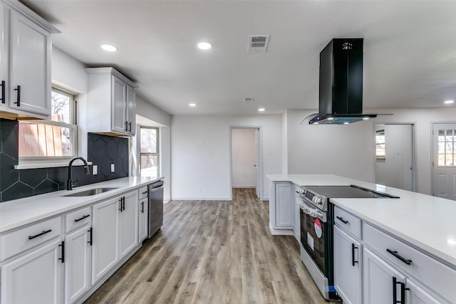 kitchen with appliances with stainless steel finishes, range hood, white cabinetry, sink, and light hardwood / wood-style floors