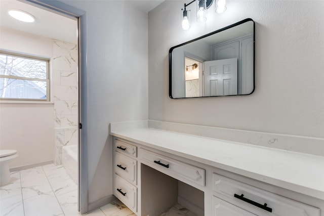 full bathroom featuring shower / tub combination, vanity, and toilet