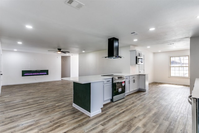 kitchen with stainless steel appliances, ventilation hood, ceiling fan, and light hardwood / wood-style flooring