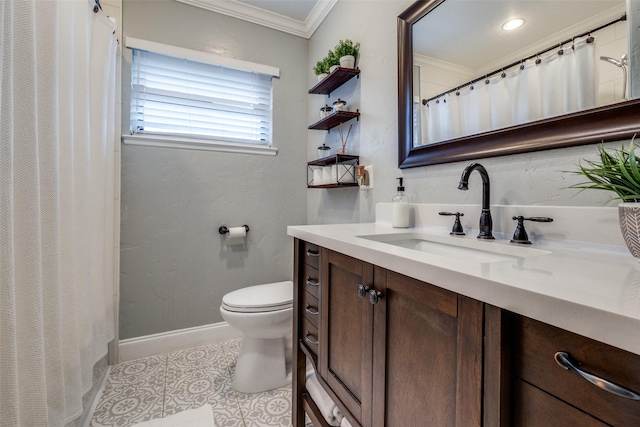 full bath featuring baseboards, toilet, ornamental molding, tile patterned floors, and vanity