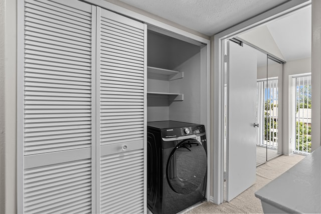 laundry area with a textured ceiling, washer / clothes dryer, and light colored carpet