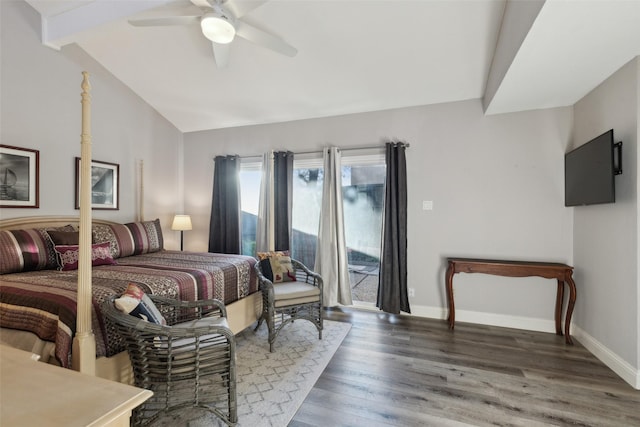 bedroom with lofted ceiling, ceiling fan, access to exterior, and dark hardwood / wood-style floors