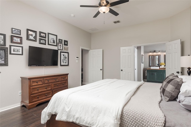 bedroom featuring ceiling fan and dark hardwood / wood-style flooring